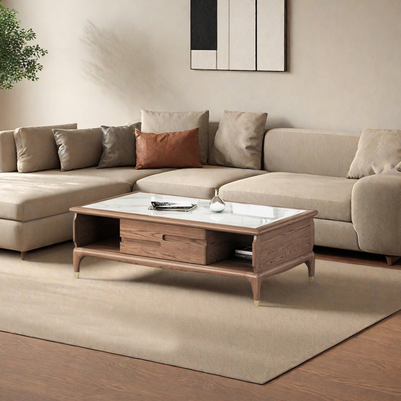 Table basse en frêne avec comptoir en pierre
