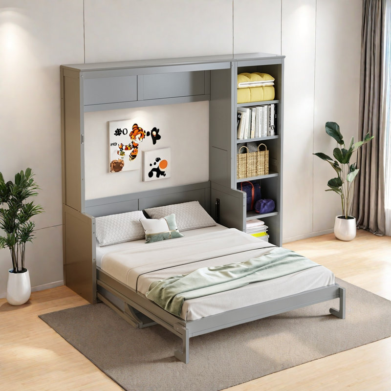 Lit escamotable avec bureau et tablettes Murphy, Gris, Lit double