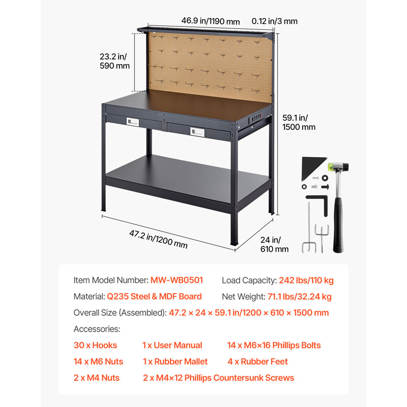 Fait en bois massif, capacité de charge de 110 kg, établi robuste de 120 cm avec panneau perforé, 4 prises secteur et 2 ports USB, câble de 1,5 m et 30 crochets, établi de garage avec tiroir pour atelier
