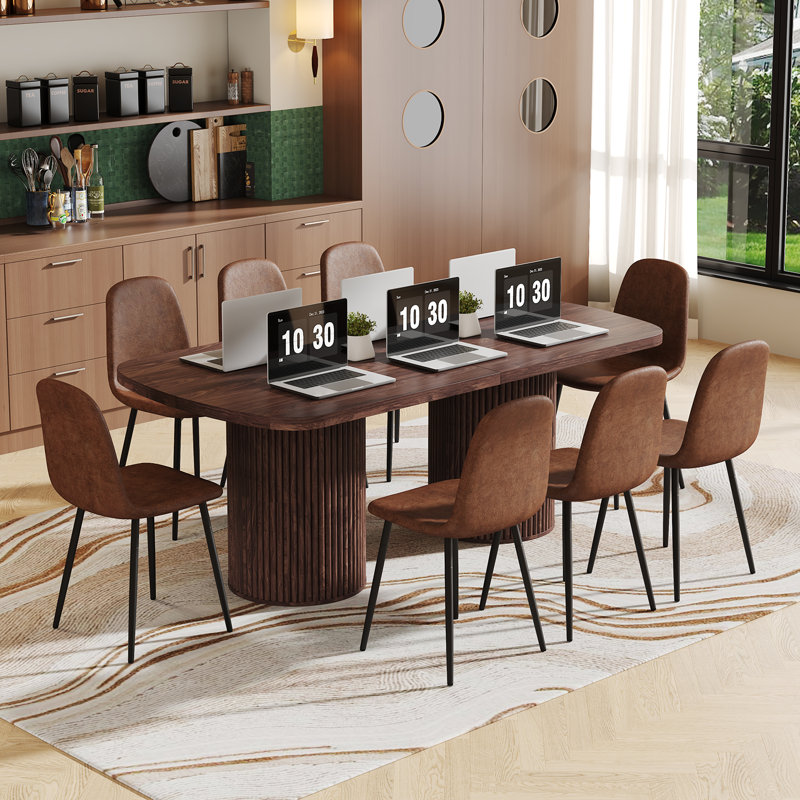 79'' Large Farmhouse Kitchen Dinning Table Set Double Robust Pedestal, Brown Wood, Brown, 9 Pieces: Table, 8 Chairs