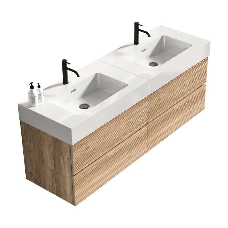 Meuble-lavabo 60 po, conception flottante, lavabo une pièce, tiroirs doubles, style Mid-Century, panneau de grille noir, meuble-lavabo mural à planches E1 avec poignée cachée en chêne brut, base à eau E0
