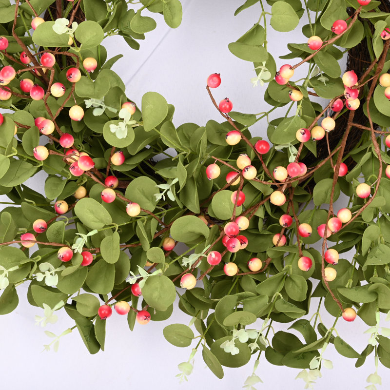 24" Handcrafted Faux Eucalyptus Berry Wreath for Front Door, Pink/Green