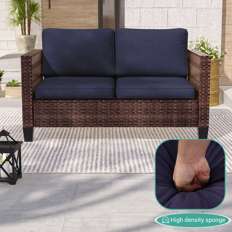Outdoor PE Rattan Loveseat Sofa, Brown, Navy Blue