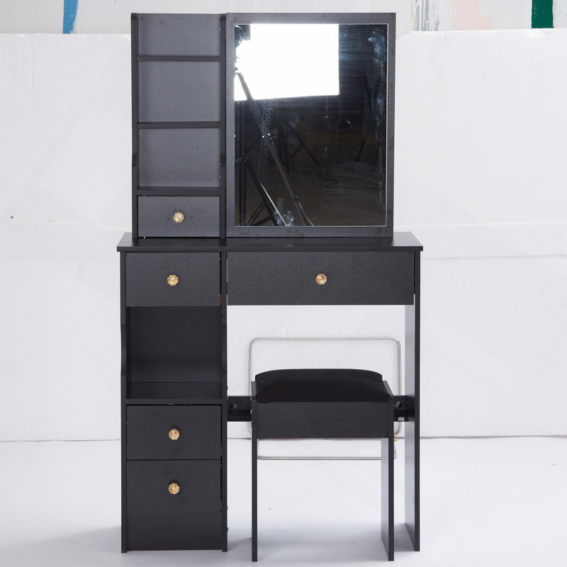 Vanity Desk, 29.2" Small Space Left Drawer Desktop Vanity Table , Cushioned Stool, Extra Large Right Sliding Mirror, Multi Layer High Capacity Storage, Practical Fashionable Dresser, Suitable For Small Space