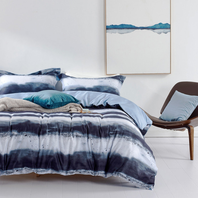 Manolla 100% Long-Staple Cotton Duvet Cover Set Navy & White Striped Watercolor Pattern Printed Comforter Cover 3pcs, Ultra Soft & Breathable Bedding Set