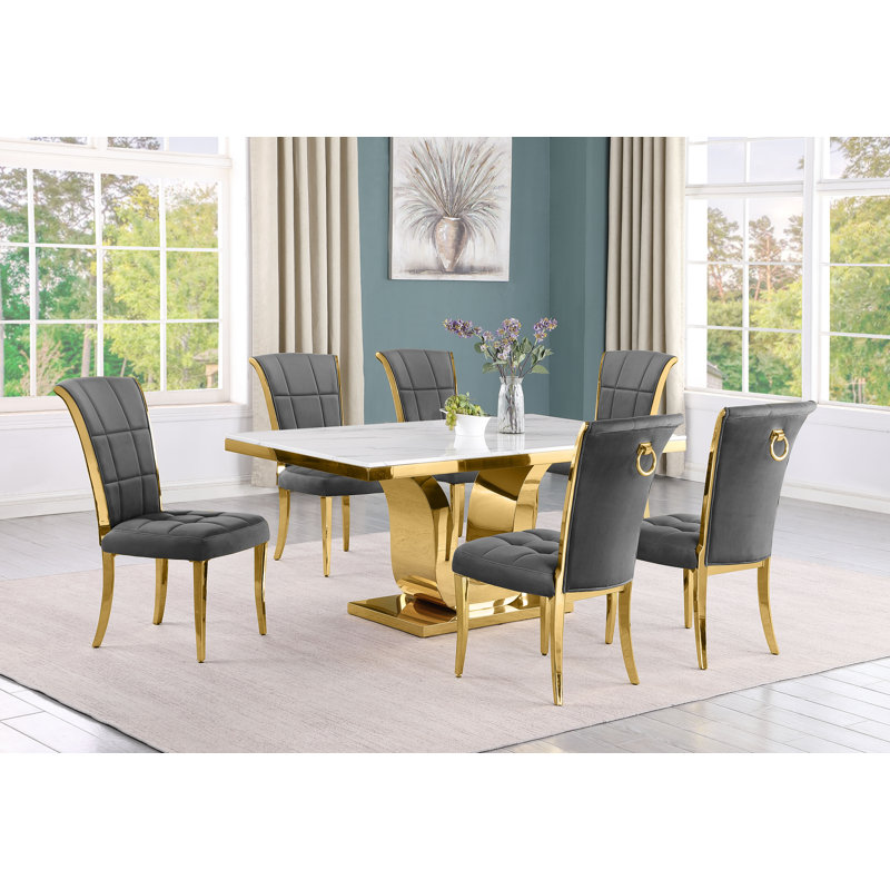 Bardem Marble Top Pedestal Dining Set, 7 Piece, Gray