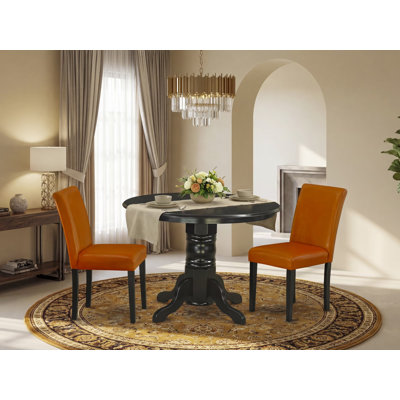3 Piece Dining Room Table Set Contains a Round Kitchen Table with Pedestal and 2 Baked Bean Faux Leather Parson Dining Chairs, 42x42 Inch, Black