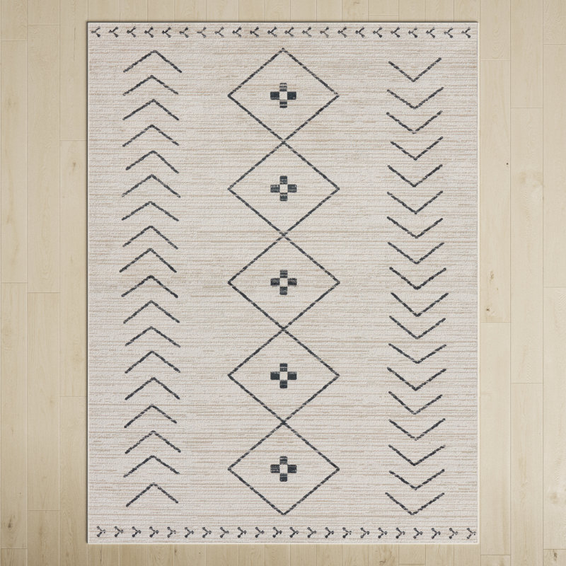 Phoebe Machine WashableGeometric Area Rug in Cream/Dark Slate, Rectangle 9' x 12'