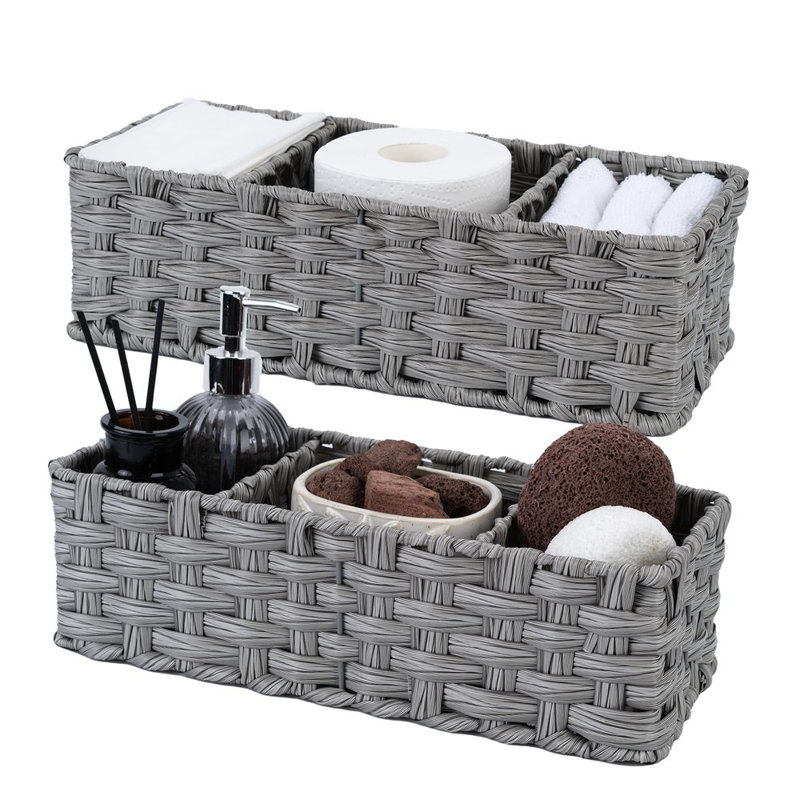 Ensemble de 2 paniers de rangement en osier à 3 sections, plateau de toilette imperméable et divisé pour l'organisation des tablettes de salle de bain
