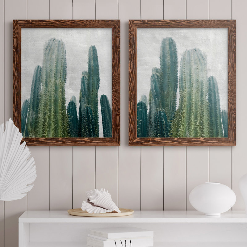 Aruba Cacti I - 2 pièces, peinture sur toile encadrée, H 43,5 po x l 31,5 po x P 1 po, Érable encadré