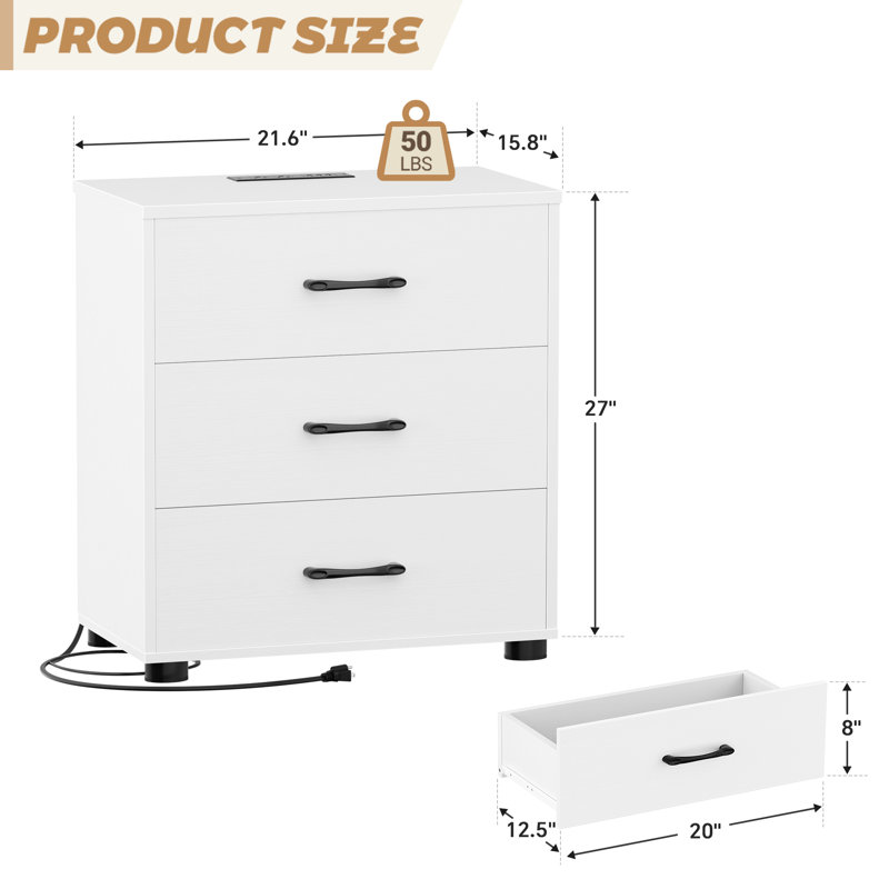 Table de chevet plus large 21,7 "avec station de charge, table de chevet, Blanc, 1