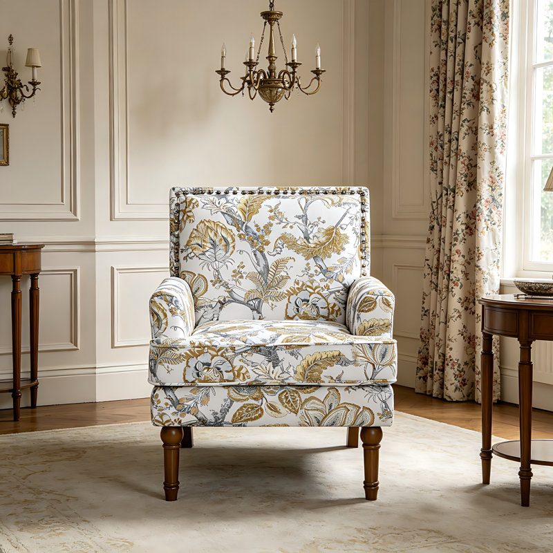 Fauteuil d'appoint Mid-Century avec pieds en bois massif Modern Floral Styke, Jaune