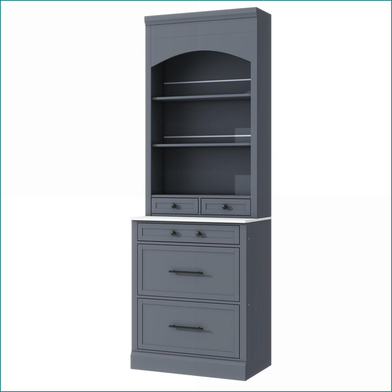 Huche de garde-manger de cuisine moderne gris 83,7 po avec plateau en faux marbre, 5 tiroirs | Panneau de fibres à densité moyenne | Tablettes réglables