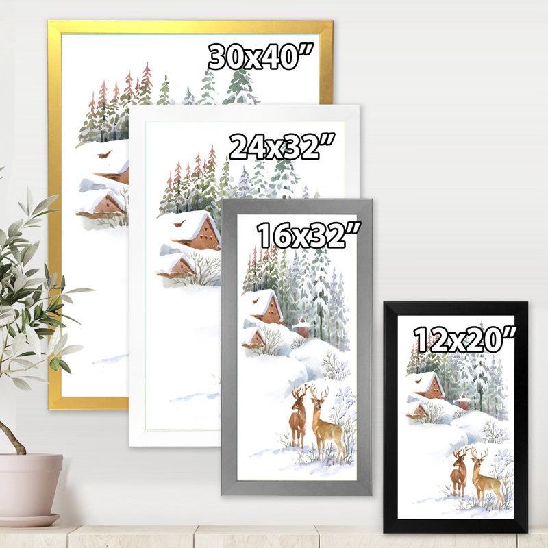 Chalet d'hiver avec deux cerfs - peinture sur toile, Toile encadrée d'or, H 32 po x l 24 po x 1,5 po
