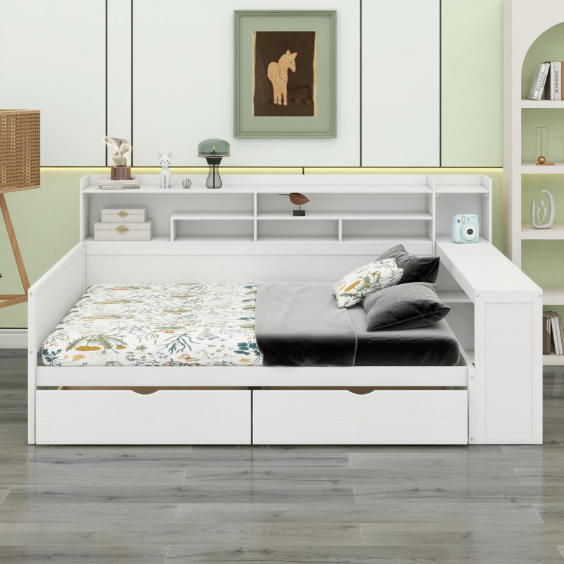 Wooden Daybed With Storage Shelves,Two Storage Drawers And Study Desk, Antique White
