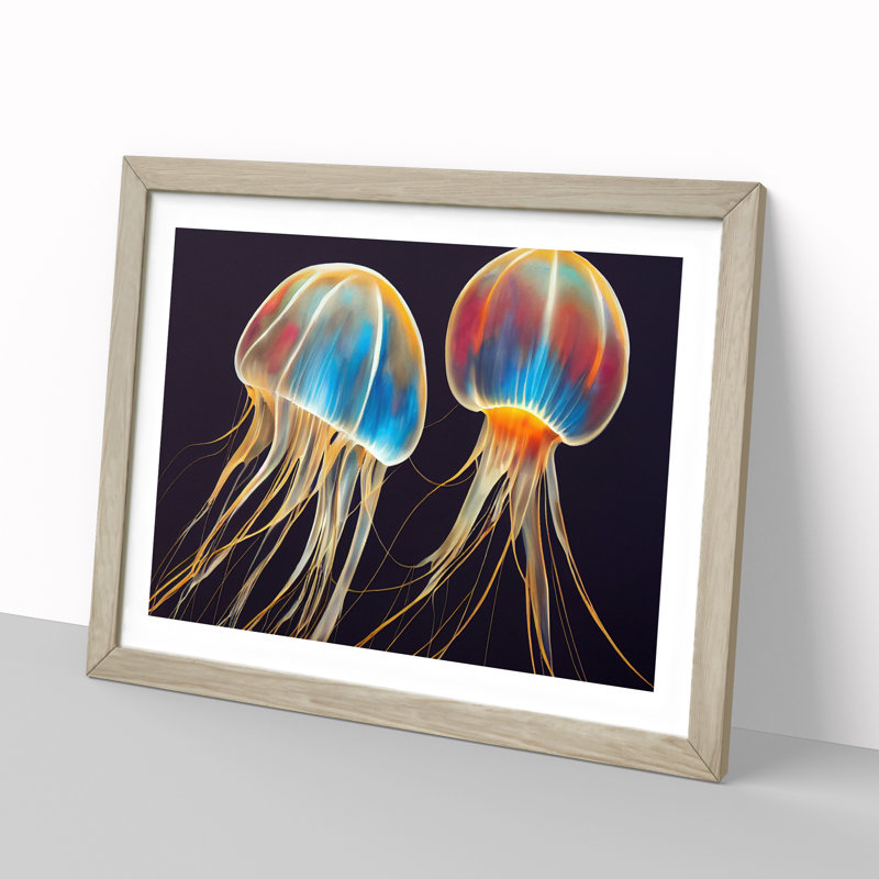Jellyfish Painted - Single Picture Frame Print, 46cm H x 64cm W x 2cm D, Oak Framed