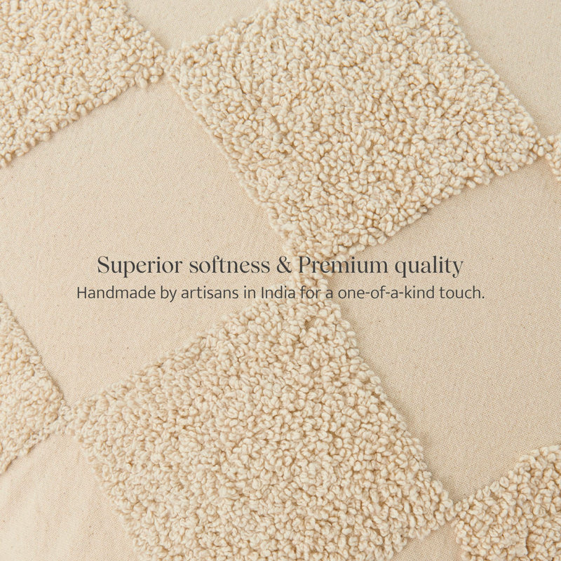 Double Stitch 100% Cotton Checkered Tufted Boho Decorative Throw Pillow Covers, Oat