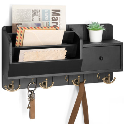 Rebee Vision Key Holder Wall Mount with Mail Sorter - Farmhouse Mail and Key Organizer for Wall with Small Drawer Organizer - Ideal Farmhouse Home Decor Solution (Whitewash)