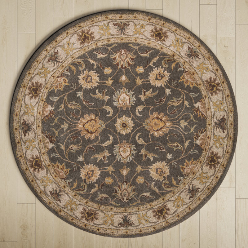Tapis floral gris anthracite / beige clair / jaune en laine touffetée fabriqué à la main Arden, Rond 8 pi