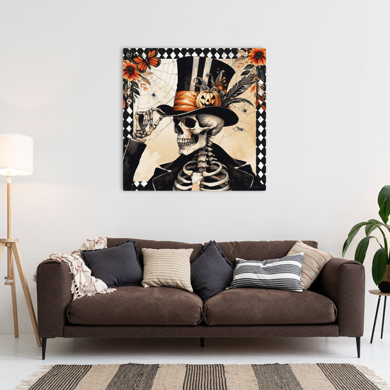 Art floral rétro squelette d'Halloween, H 36 po x l 36 po