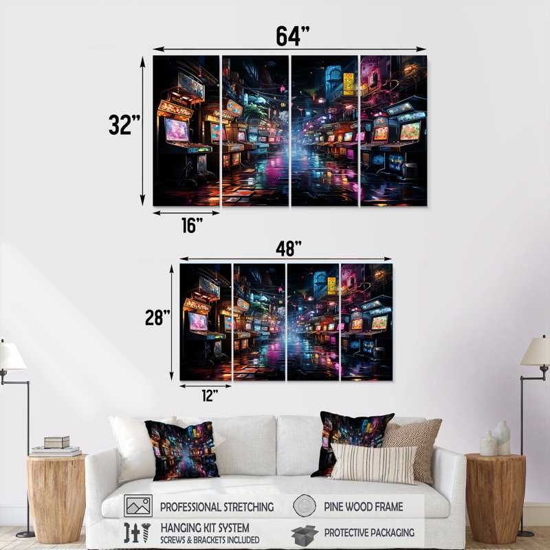 Neon Arcade Video Game Dream - 4 pièces, art mural, H 28 po x l 48 po