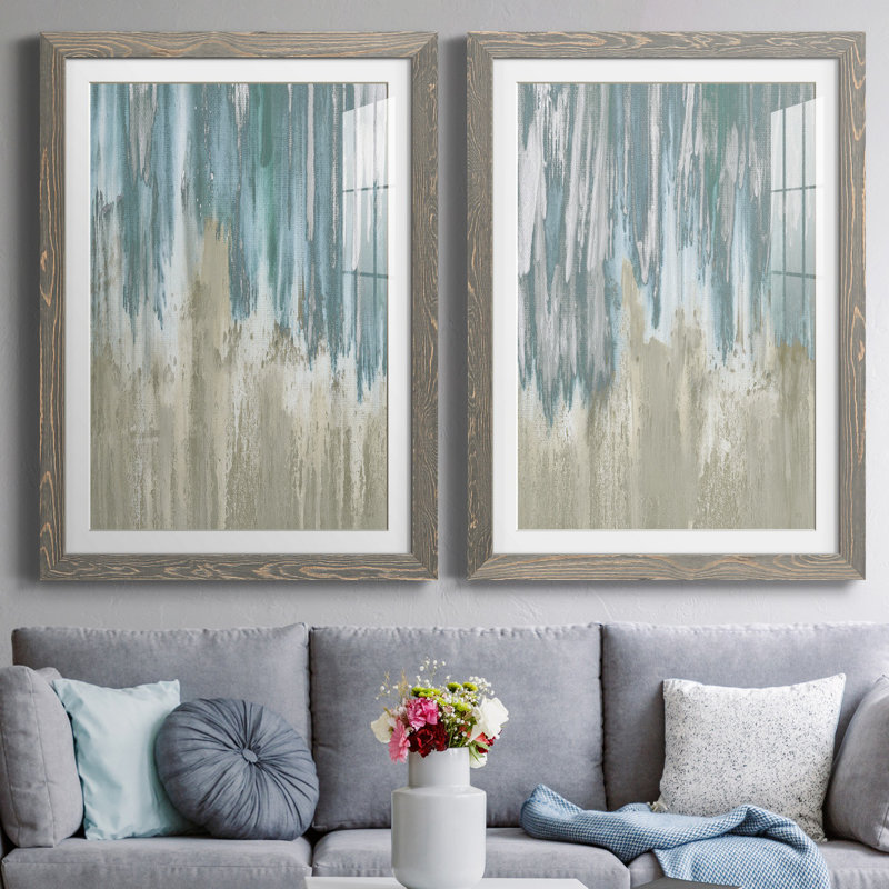 «Like a Waterfall I», ensemble de 2 reproductions, Cadre en papier gris, Blanc, H 37,5 po x l 55 po x P 1,5 po