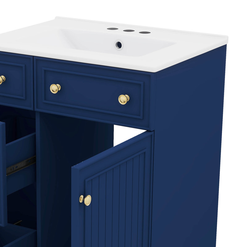 Meuble-lavabo de 24 pouces avec lavabo en céramique, Bleu / doré