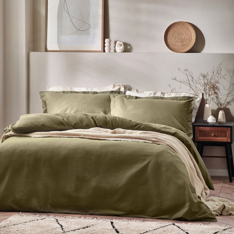 Waffle Textured 100% Cotton Duvet Cover Set, Single Duvet Cover + 1 Standard Pillowcase, Olive