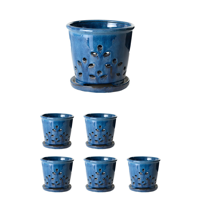  Jardinière en céramique Blue Leaf Breeze, pot de fleurs ventilé avec soucoupe fixe, pot de fleurs d'intérieur pour plantes d'intérieur, contenant décoratif pour la maison, le bureau, 7 po de diamètre et 7 po de hauteur, paquet de 6