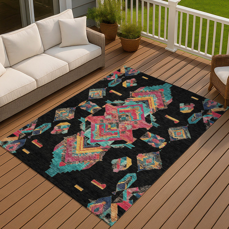Tapis tribal intérieur / extérieur lavable à la machine Chantille ACN2661, Noir, 5 pi x 7 pi 6 po