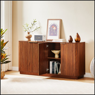 Buffet de 63 pouces à rayures verticales avec rangement, forme ondulée, meuble télé multifonctionnel pour les maisons modernes