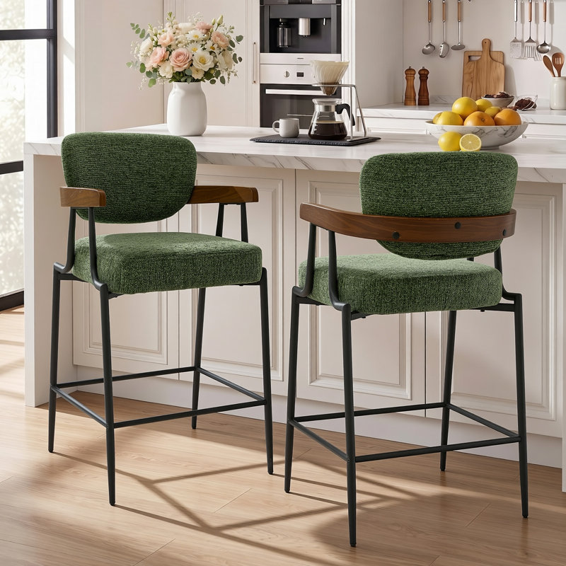 Tabouret de bar enveloppant en noyer avec siège rembourré, Vert