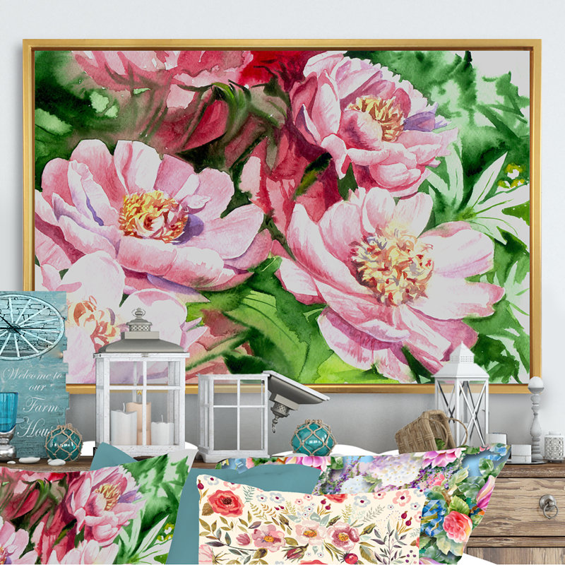 Aquarelle, pivoines roses, reproduction sur toile flottante, H 8 po x l 12 po x P 1 po, Cadre flottant doré