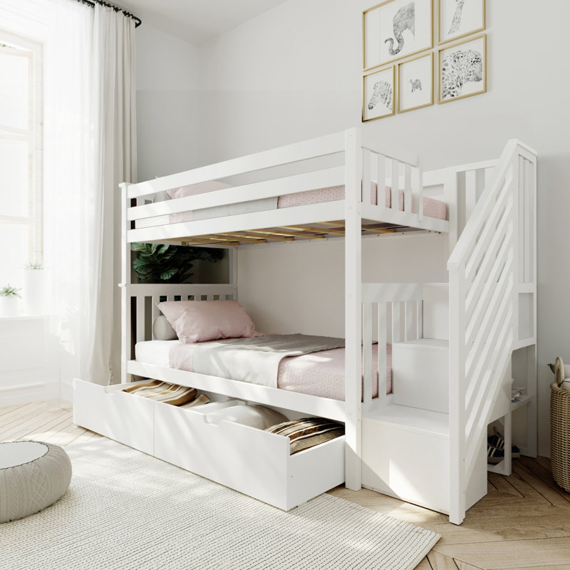 Aileana Solid Wood Bunk Bed with Storage Drawers, Twin Over Twin, White