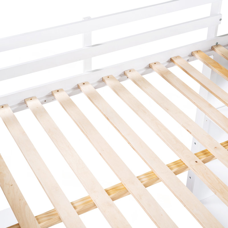 Lit mezzanine double avec échelle, tablettes et bureau, blanc