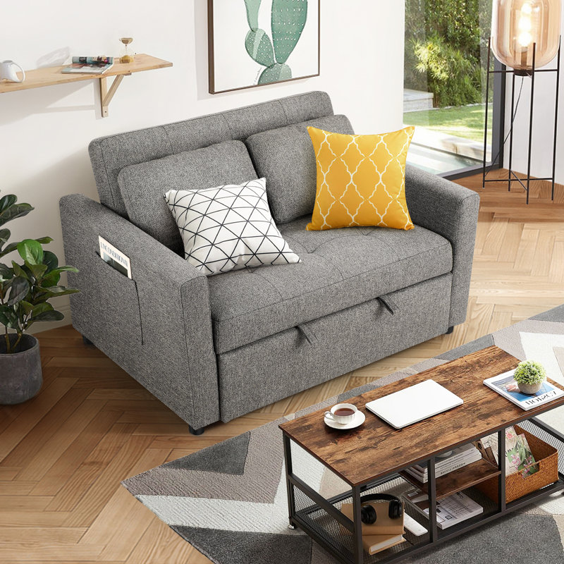 Vadims Upholstered 48.5'' Reclining Sleeper Sofa, Dark Gray Linen