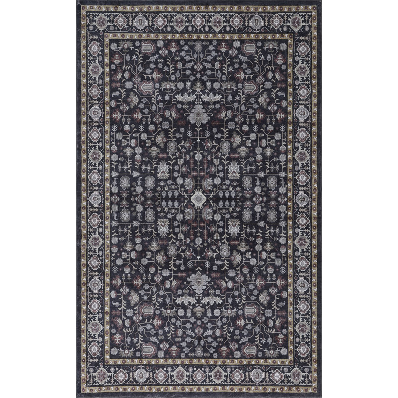 Tapis lavable à la machine antidérapant à bordure florale subtilement médaillon, Charcoal/Ivory, Rectangulaire 8 pi x 10 pi