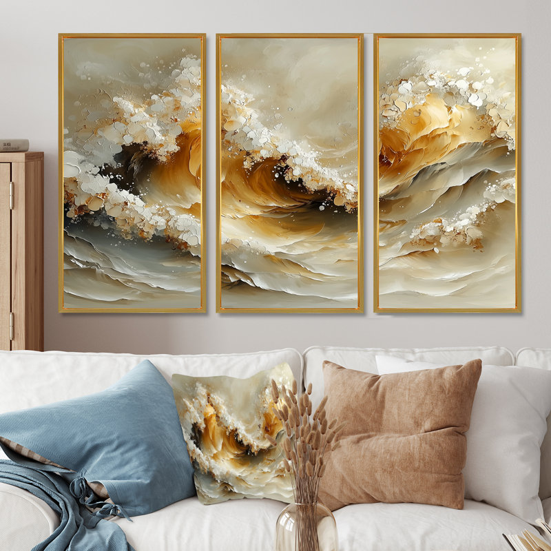 Gris et blanc, vagues océaniques en spirale III - art mural sur toile transitionnel - 3 panneaux, H 40 po x l 60 po, Doré