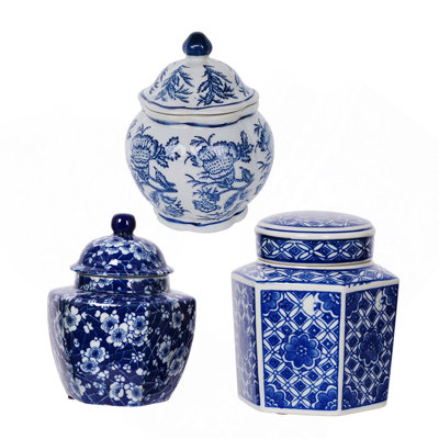 Set Of 3 Blue & White Porcelain Ginger Jar, Decorative Vase