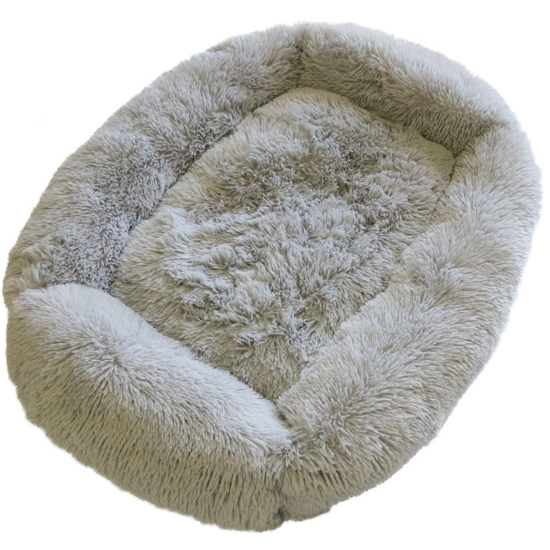 Large Gray Polyester Bolster Dog Bed with Faux Shag Fur