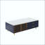 Table basse moderne bleue avec portes en verre, tiroirs et lumières RVB