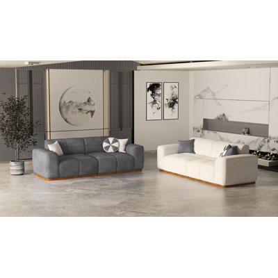 Modern Bouclé Upholstered Sofa Set With Channel Tufting And Wood Base