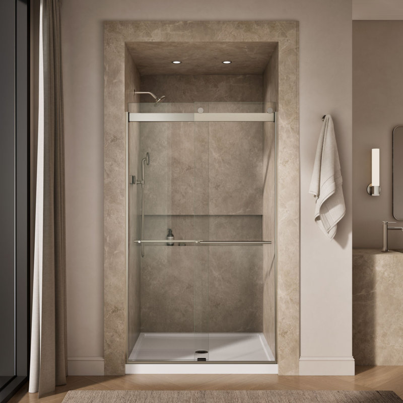 Levity Plus Less Sliding Shower Door, 81-5/8 In. H X 44-5/8 - 47-5/8 In. W, With 3/8 In.-Thick Crystal Clear Glass, Nickel