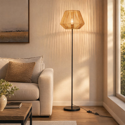 Handcrafted Diamond-shaped Rope Floor Lamp With Black Metal Base, Boho Modern Style, E26 Led Compatible