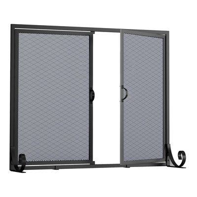 Fireplace Screen With Hinged Doors, Powder Coated Steel Frame, Metal Mesh, Handcrafted Solid Steel,Decorative Design