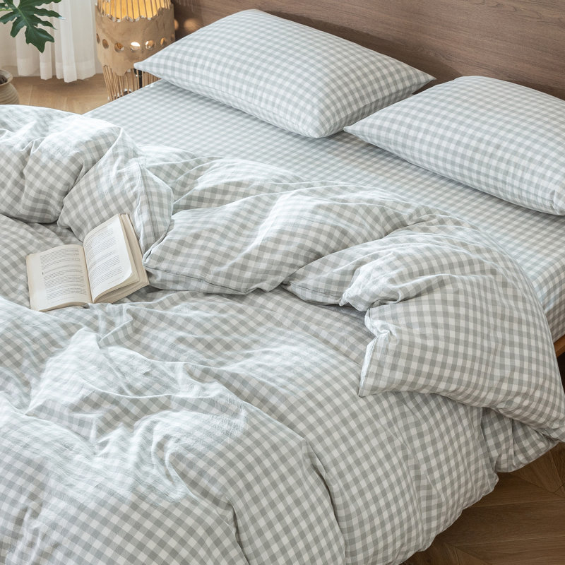 Ensemble de housse de couette 100% coton lavé MooMee Gingham, Gris gouttelette nordique