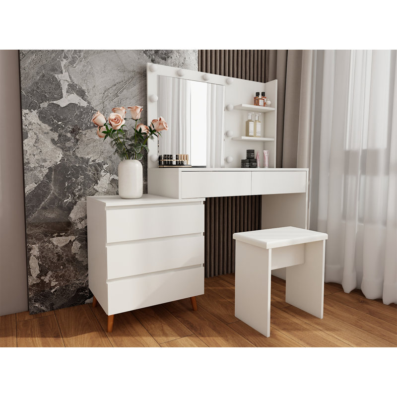Coiffeuse de maquillage avec miroir à DEL et coiffeuse de beauté blanche avec tiroirs de rangement