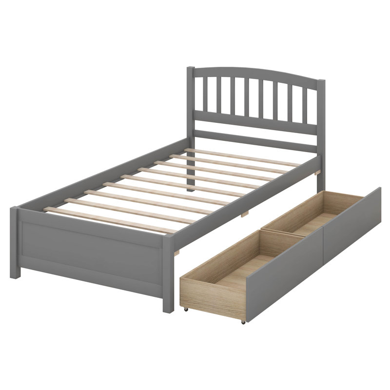 Lit plateforme simple avec cadre de lit en bois avec deux tiroirs et tête de lit, pas besoin de sommier, gris