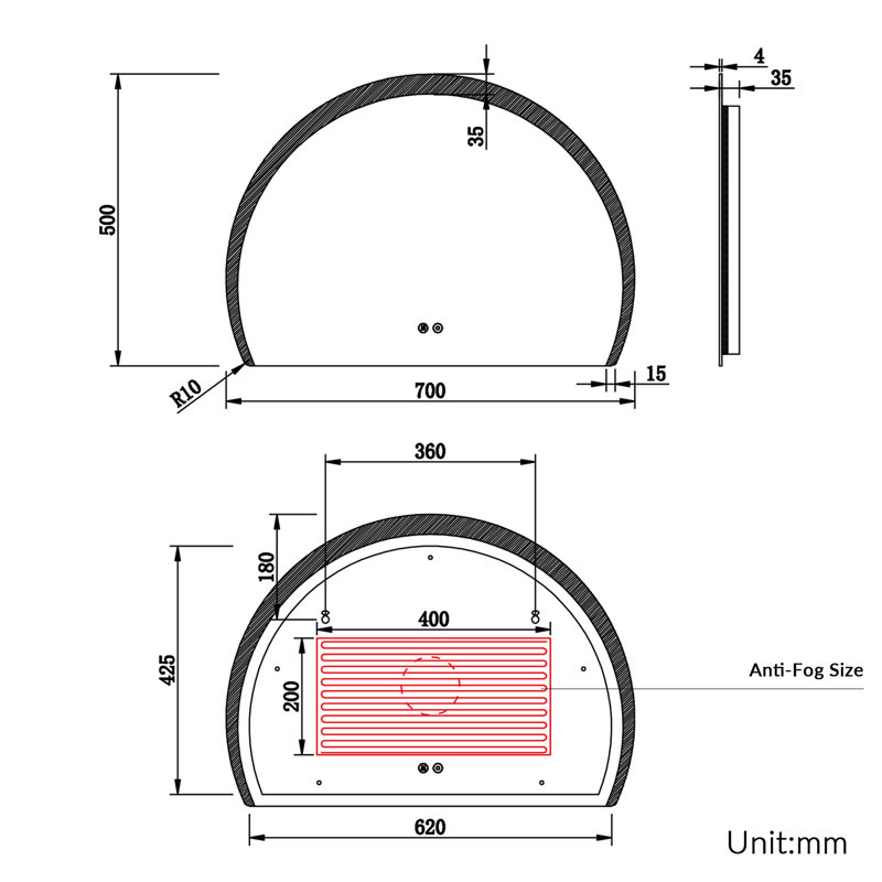 Half-circle Mirror, 70*50cm,Semicircular Bathroom Mirror