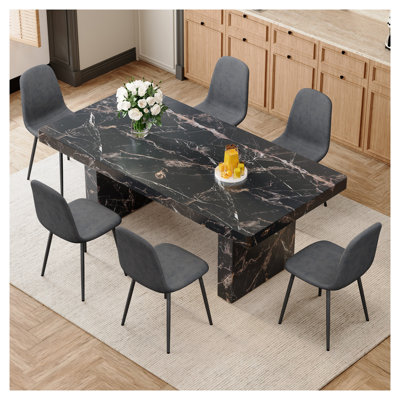 Ensemble de salle à manger de luxe avec table en faux marbre noir et 6 chaises en lin gris foncé